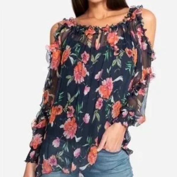 Johnny Was Tops - Johnny Was love Desi  100% Silk Top Sz M Floral Sheer Boho Ruffle Tunic peasant